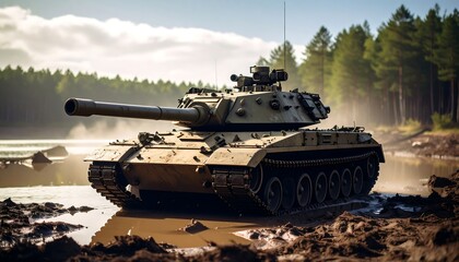 Tank in muddy terrain