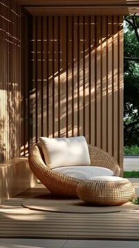 Beige Wicker Chair on Wooden Deck with Warm Lighting
