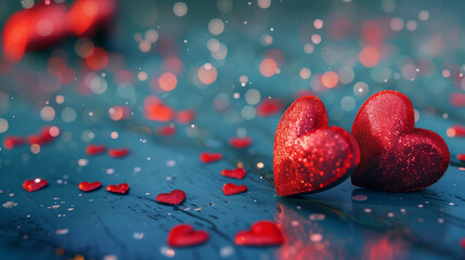Shimmering Red Hearts Scattered on a Blue Surface for a Romantic Celebration. Sparkling red hearts lay scattered on a textured blue surface, surrounded by glittery confetti, creating a festive atmosph