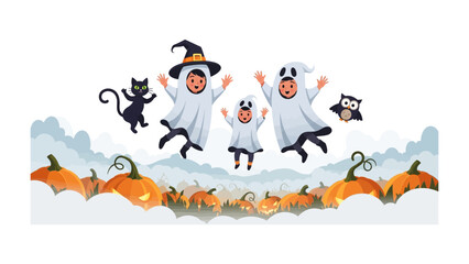 Halloween Spectacle: A whimsical Halloween illustration depicts a playful scene with children dressed in adorable costumes amidst pumpkins, cats, and an owl.