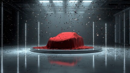 Sports car concealed under glossy red silk cover on wide luxury stage with neon lighting, metallic confetti falling, reflective gray-blue hall, dramatic and high-end automotive presentation
