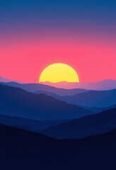 Minimalist Layered Hills Silhouette at Sunset with Vibrant Pink and Blue Hues