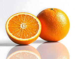 A fresh orange sliced in half, with another whole orange beside it, displaying the juicy interior and its beautiful texture. The image is crisp, showcasing the details