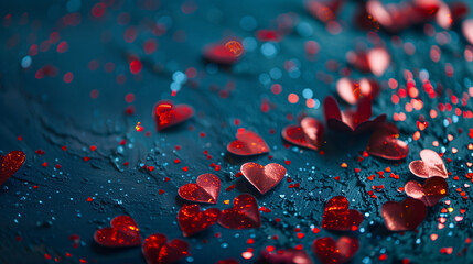 Shimmering Red Hearts Scattered on a Blue Surface for a Romantic Celebration. Sparkling red hearts lay scattered on a textured blue surface, surrounded by glittery confetti, creating a festive atmosph