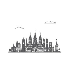 Fototapeta premium Vector silhouette icons of famous European cities and their landmarks, including London's Tower Bridge, Paris's Eiffel Tower, and Moscow's Saint Basil's Cathedral