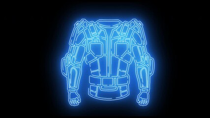 Glowing blue neon outline of futuristic tactical body armor for sports protection. Sci-fi digital interface hologram of a protective vest on a black background - Powered by Adobe