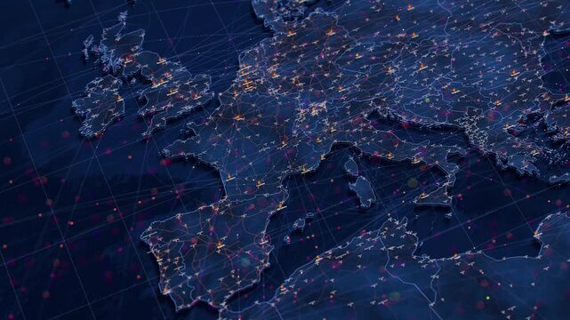 Europe map big data visualization. Futuristic digital map with data flow transfer routes. Visual global trade data map. International shipping roadmap