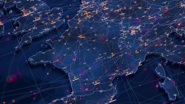France map big data visualization. Futuristic digital map with data flow transfer routes. Visual global trade data map. International shipping roadmap