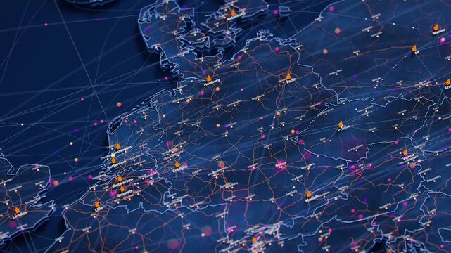 Germany map big data visualization. Futuristic digital map with data flow transfer routes. Visual global trade data map. International shipping roadmap