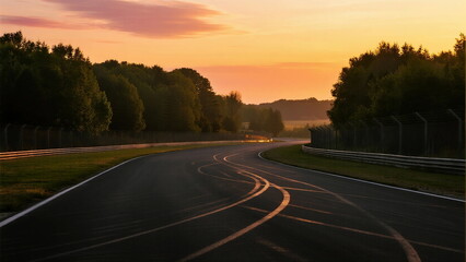 Fototapeta premium Sunset view of a winding race track surrounded by trees