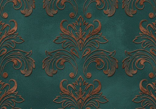 Fototapeta Elegant and ornate Victorian-style seamless wallpaper pattern featuring a copper floral damask design on a dark teal textured background