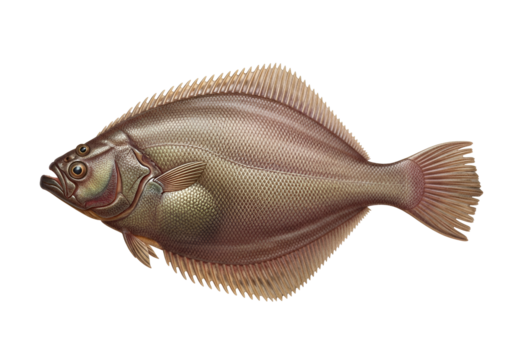Detailed illustration of a flounder, showcasing its intricate scales and fins against a stark black background.