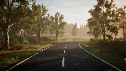 Fototapeta premium Scenic road surrounded by lush trees in early morning light