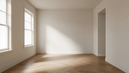 Obraz premium Empty room with white walls and wooden floor receiving natural light