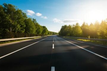 Sunlit highway with green trees on both sides under clear blue sky
