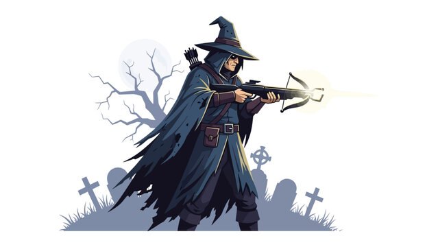 Mystic Hunter of the Shadows: An enigmatic wizard with a crossbow stands guard in the shadows of an eerie graveyard, evoking a sense of mystery and suspense with every bolt fired.
