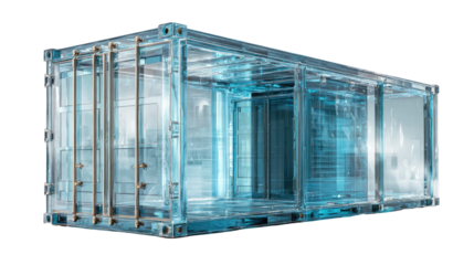 Transparent shipping container, clear, modern, industrial