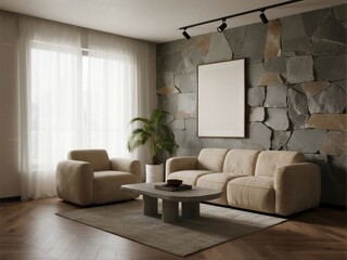 Modern Living Room with Stone Accent Wall and Comfortable Furniture