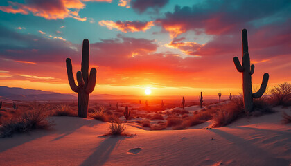 Vibrant Sunset Over Desert Landscape with Cacti