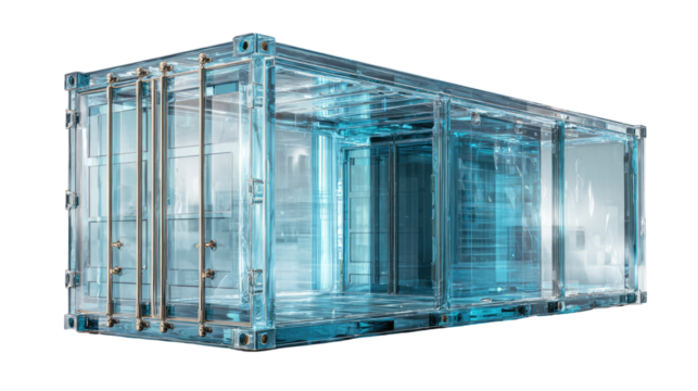 Transparent shipping container, clear, modern, industrial