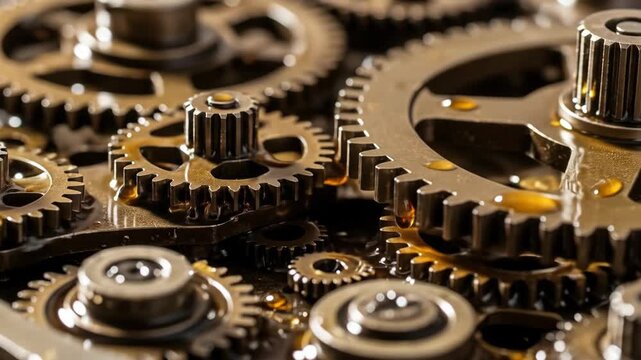 Close up of metal gears with drops of oil. Industrial mechanism, clockwork or engine detail for business or technology footage.