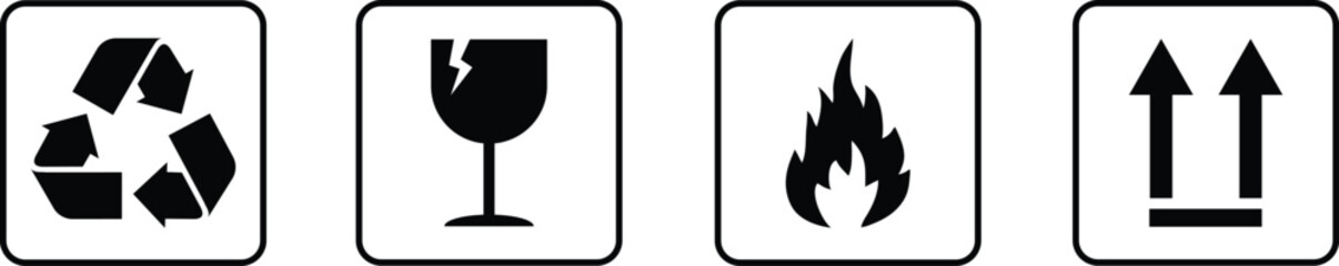 Art & Illuset of fragile package icons on transparent background, Keep dry packaging sign,Fragile, this way up, keep dry, recycle steel symbols, Upward icon illustration, stration Fragile box, cargo 