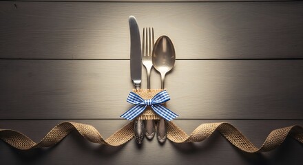 Elegant Table Setting with Utensils and Ribbon.