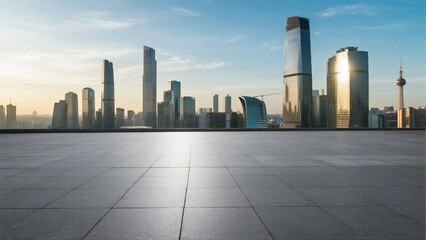Obraz premium Modern city skyline with empty paved ground under clear sky