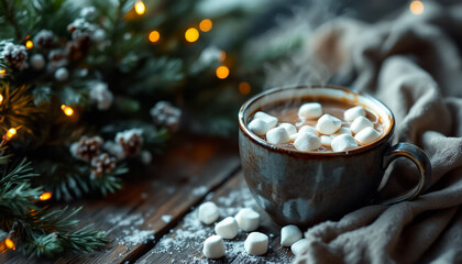 Warm Winter Drink with Marshmallows and Festive Lights