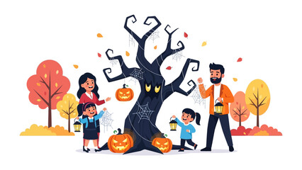 Spooky Halloween Family Gathering: A family is seen gathering around spooky halloween tree with carved pumpkins, spiderwebs, and fall leaves, and lanterns.