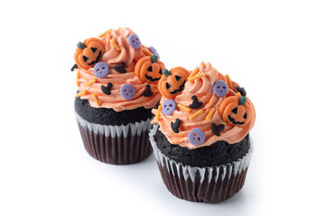 Halloween cupcakes with pumpkin sprinkles isolated on white background