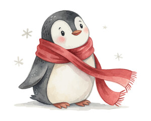 Watercolor Penguin with Scarf Christmas vector illustration isolated on white background