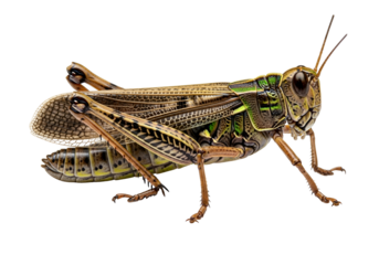 Detailed close-up shot of a grasshopper, showcasing intricate patterns and colors against a black background.