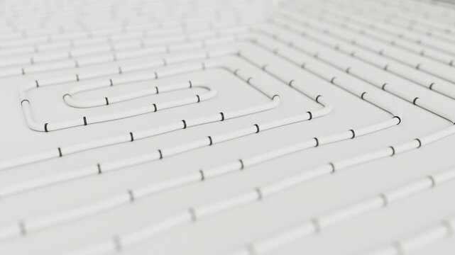 White pipes on white floor. Construction of underfloor heating system. Animation of water pipes for house warming.