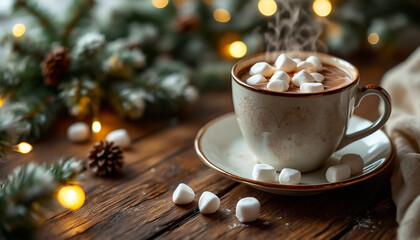 Warm Winter Drink with Marshmallows on Wooden Table
