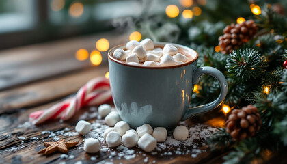 Warm Winter Drink with Marshmallows and Candy Cane