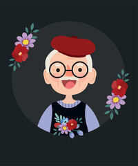 Grandfather wearing a Beret, Sweater, and Flowers