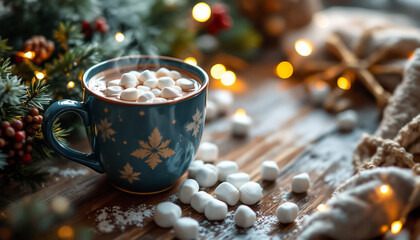 Warm Winter Cocoa with Marshmallows Festive Lights