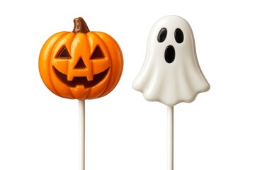 Halloween candy lollipops shaped like pumpkin and ghost isolated on white background