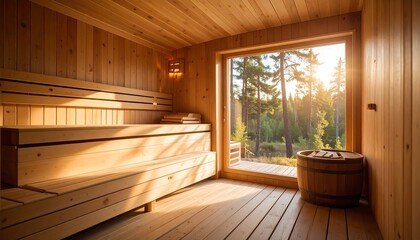 Sunny wooden sauna with forest view (1)