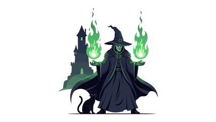 Fototapeta premium Sorceress Unleashing Mystical Power: A mysterious sorceress with a pointed hat casts a spell, summoning magical green flames in a mystical, spellbinding scene.