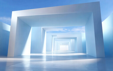 Modern abstract architectural corridor with bright light and clear sky