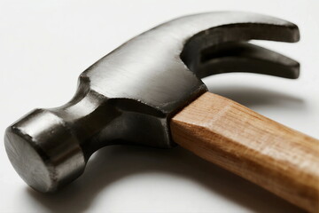 Close-up view of a metallic hammer with a wooden handle