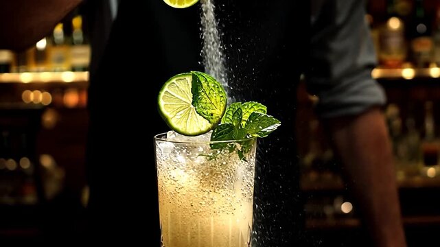 Bartender preparing a refreshing cocktail with lime and mint garnish.