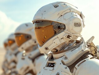 Fototapeta premium Exploration team in futuristic space suits preparing for mission on alien planet's surface