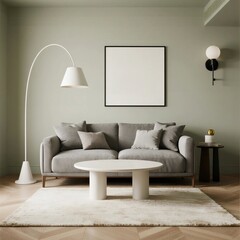 Modern living room with gray sofa and white round coffee table