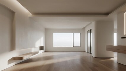 Modern minimalist interior space with large windows and simple furniture