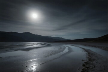 Moonlit Night Scene with Calm Water and Mountain Silhouettes