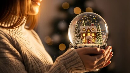 Pretty woman holding snow globe with cozy winter house. Christmas souvenir for decoration and happy holiday concept. Winter video footage. - Powered by Adobe