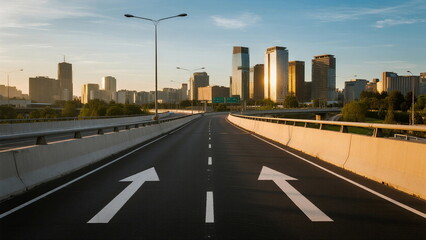 Urban highway with two arrows leading to city skyline under clear sky